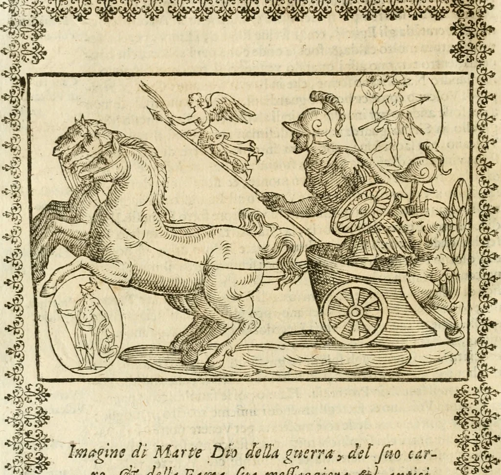 An illustration from Seconda nouissima editione delle Imagini de gli dei delli antichi di Vicenzo Cartari reggiano : ridotte da capo a piedi alle loro reali, & non più per l'adietro osseruate simiglianze : cauate da' marmi, bronzi, medaglie, gioie, & altre memorie antiche : con esquisito studio, & particolare diligenza, 1626, leaf 363