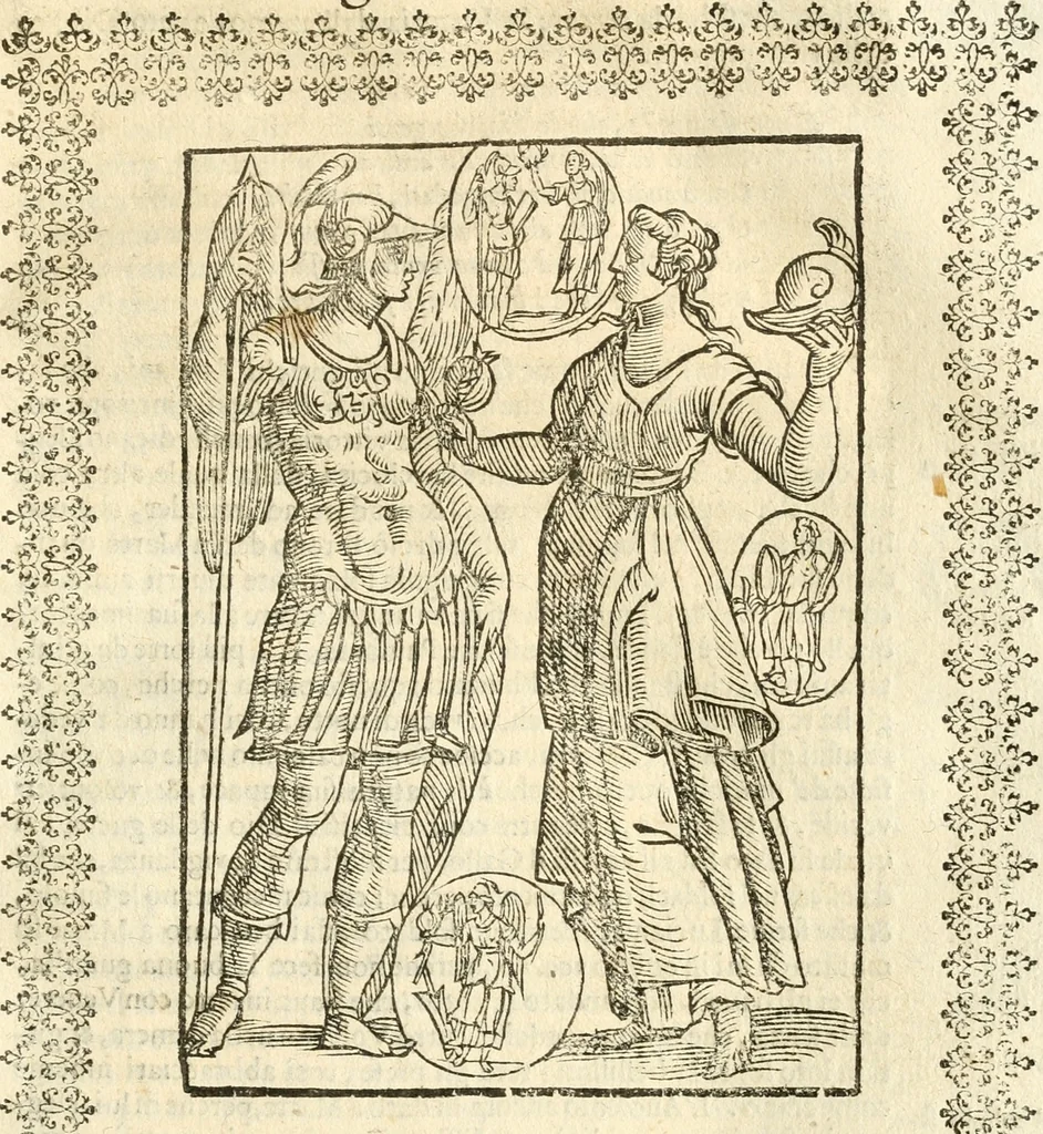 An illustration from Seconda nouissima editione delle Imagini de gli dei delli antichi di Vicenzo Cartari reggiano : ridotte da capo a piedi alle loro reali, & non più per l'adietro osseruate simiglianze : cauate da' marmi, bronzi, medaglie, gioie, & altre memorie antiche : con esquisito studio, & particolare diligenza, 1626, leaf 374