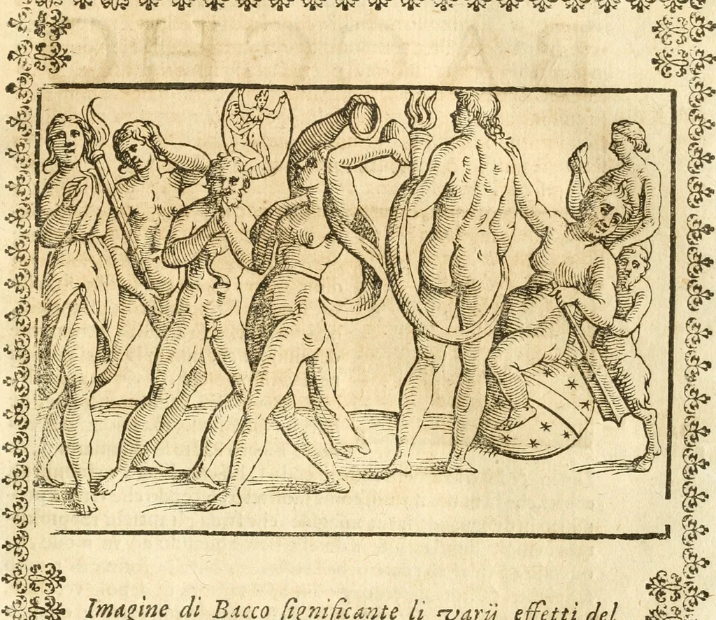 An illustration from Seconda nouissima editione delle Imagini de gli dei delli antichi di Vicenzo Cartari reggiano : ridotte da capo a piedi alle loro reali, & non più per l'adietro osseruate simiglianze : cauate da' marmi, bronzi, medaglie, gioie, & altre memorie antiche : con esquisito studio, & particolare diligenza, 1626, leaf 378