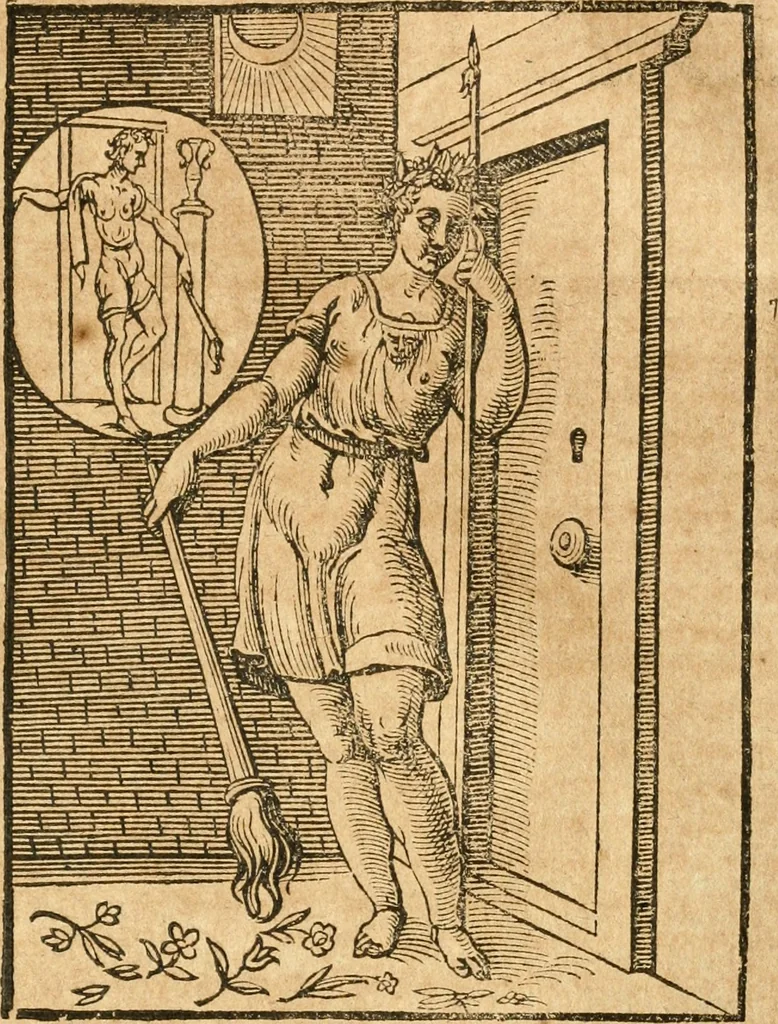 An illustration from Seconda nouissima editione delle Imagini de gli dei delli antichi di Vicenzo Cartari reggiano : ridotte da capo a piedi alle loro reali, & non più per l'adietro osseruate simiglianze : cauate da' marmi, bronzi, medaglie, gioie, & altre memorie antiche : con esquisito studio, & particolare diligenza, 1626, leaf 380