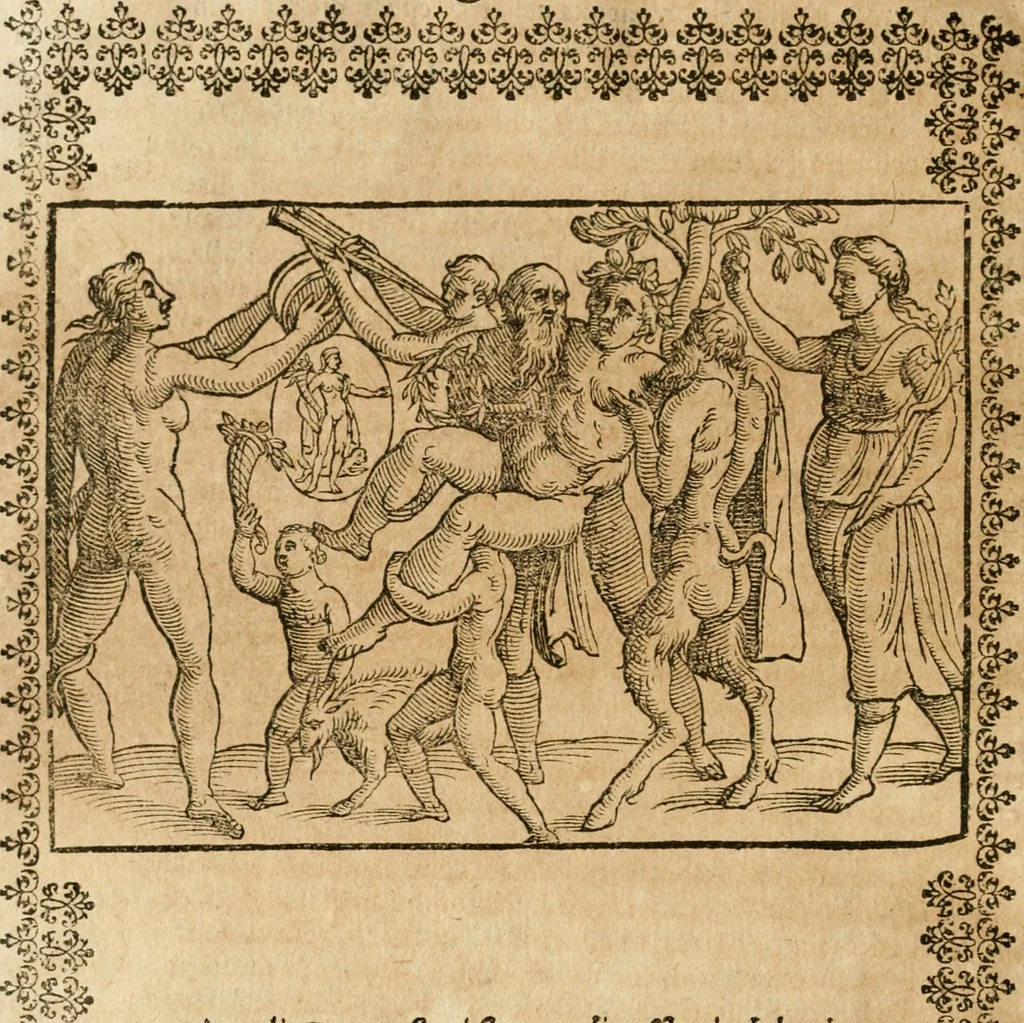 An illustration from Seconda nouissima editione delle Imagini de gli dei delli antichi di Vicenzo Cartari reggiano : ridotte da capo a piedi alle loro reali, & non più per l'adietro osseruate simiglianze : cauate da' marmi, bronzi, medaglie, gioie, & altre memorie antiche : con esquisito studio, & particolare diligenza, 1626, leaf 383
