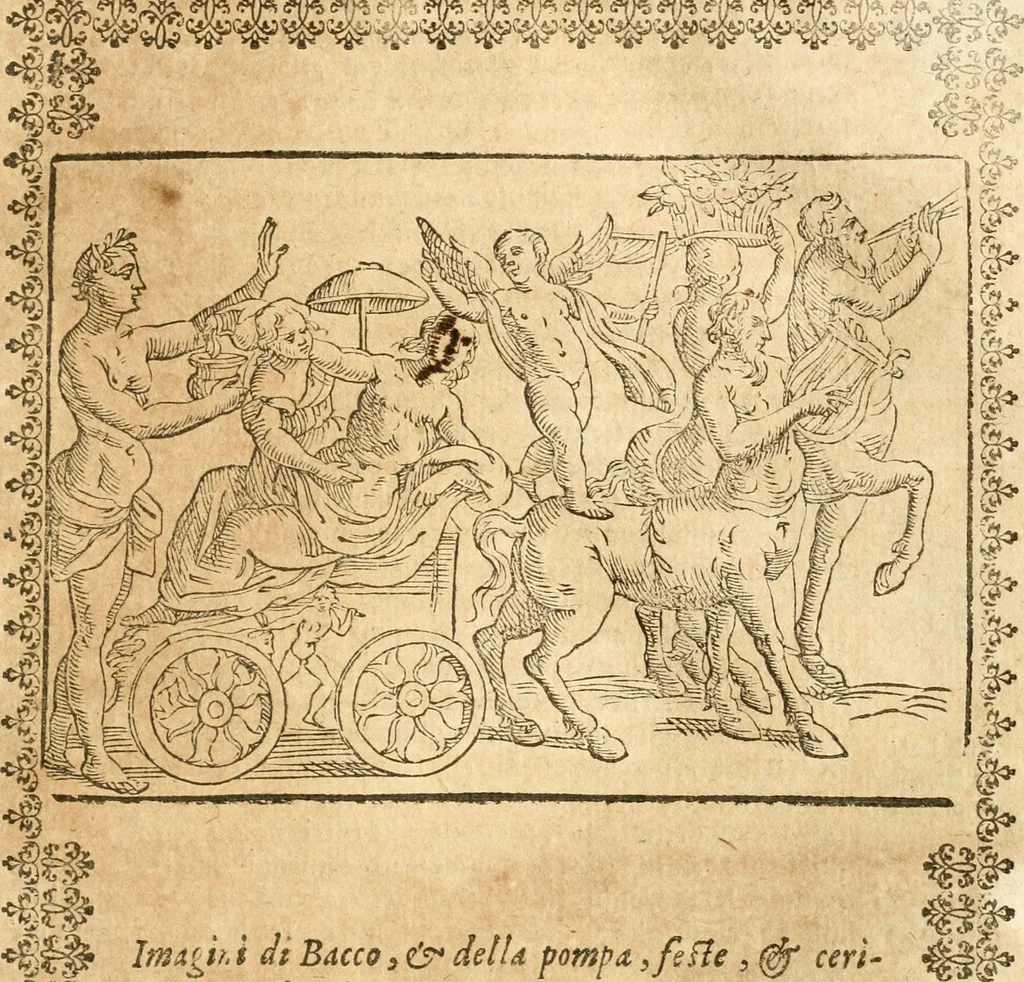 An illustration from Seconda nouissima editione delle Imagini de gli dei delli antichi di Vicenzo Cartari reggiano : ridotte da capo a piedi alle loro reali, & non più per l'adietro osseruate simiglianze : cauate da' marmi, bronzi, medaglie, gioie, & altre memorie antiche : con esquisito studio, & particolare diligenza, 1626, leaf 386