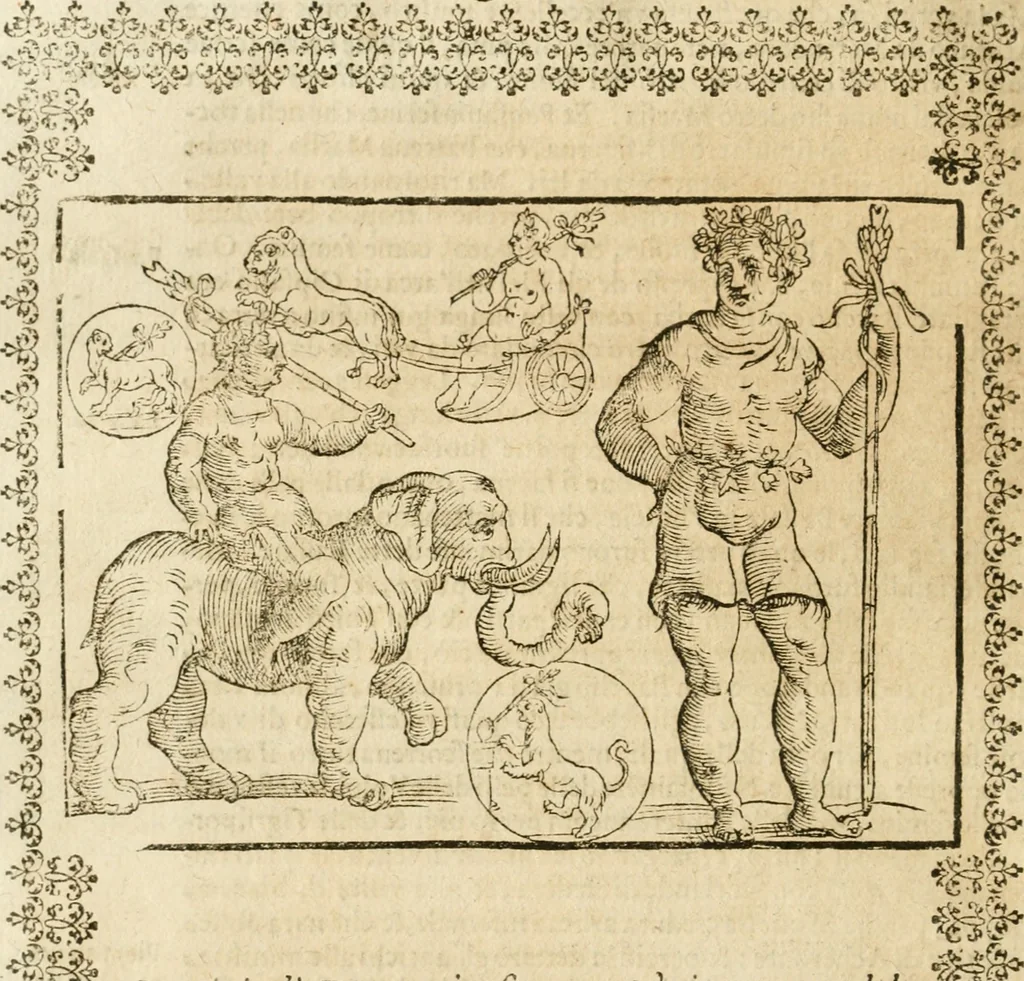 An illustration from Seconda nouissima editione delle Imagini de gli dei delli antichi di Vicenzo Cartari reggiano : ridotte da capo a piedi alle loro reali, & non più per l'adietro osseruate simiglianze : cauate da' marmi, bronzi, medaglie, gioie, & altre memorie antiche : con esquisito studio, & particolare diligenza, 1626, leaf 389