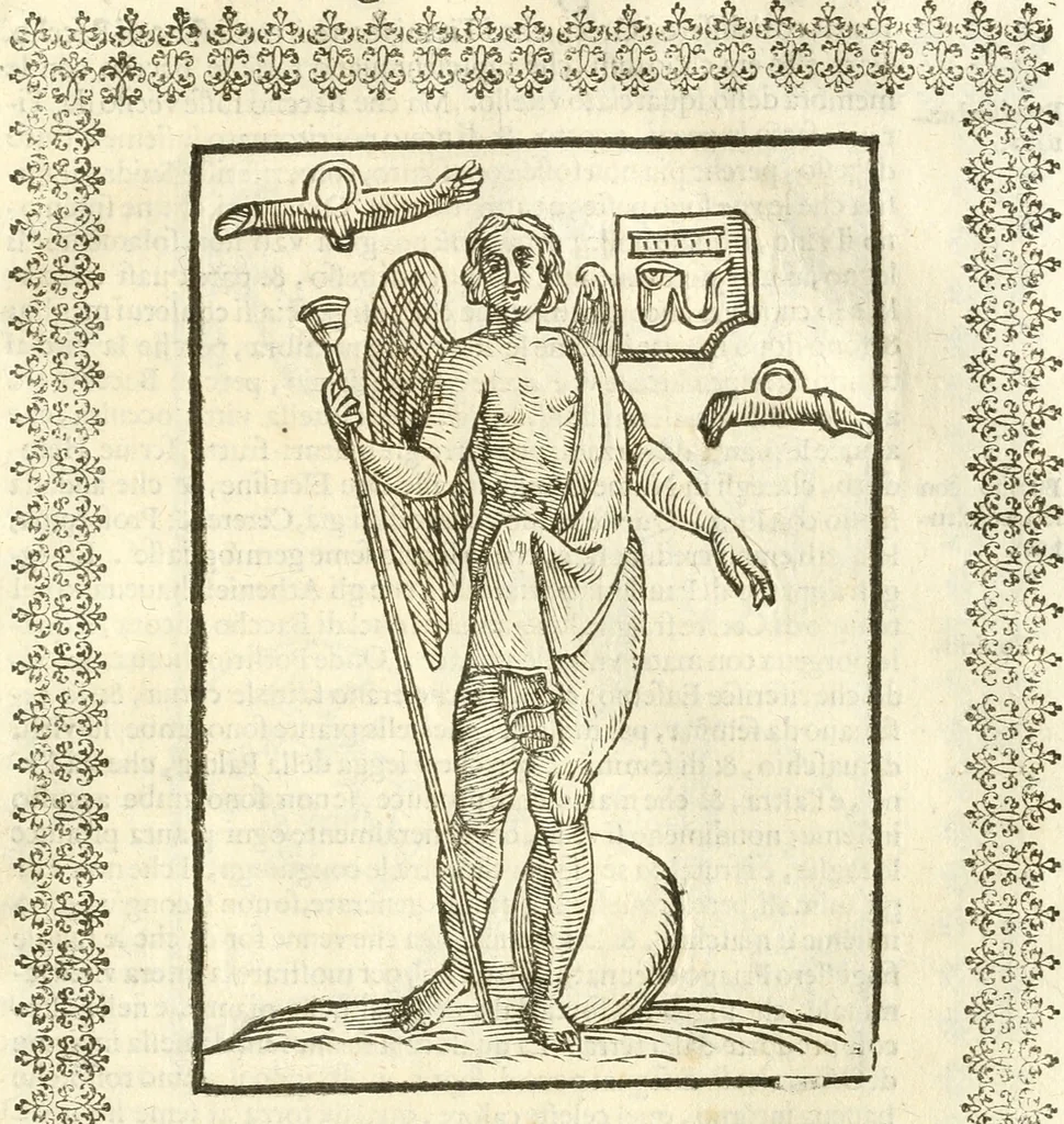 An illustration from Seconda nouissima editione delle Imagini de gli dei delli antichi di Vicenzo Cartari reggiano : ridotte da capo a piedi alle loro reali, & non più per l'adietro osseruate simiglianze : cauate da' marmi, bronzi, medaglie, gioie, & altre memorie antiche : con esquisito studio, & particolare diligenza, 1626, leaf 396