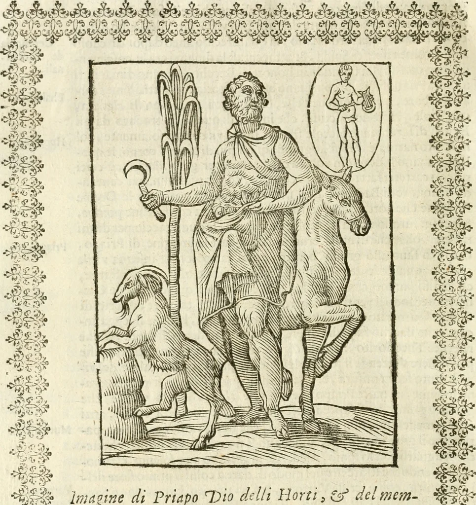 An illustration from Seconda nouissima editione delle Imagini de gli dei delli antichi di Vicenzo Cartari reggiano : ridotte da capo a piedi alle loro reali, & non più per l'adietro osseruate simiglianze : cauate da' marmi, bronzi, medaglie, gioie, & altre memorie antiche : con esquisito studio, & particolare diligenza, 1626, leaf 403