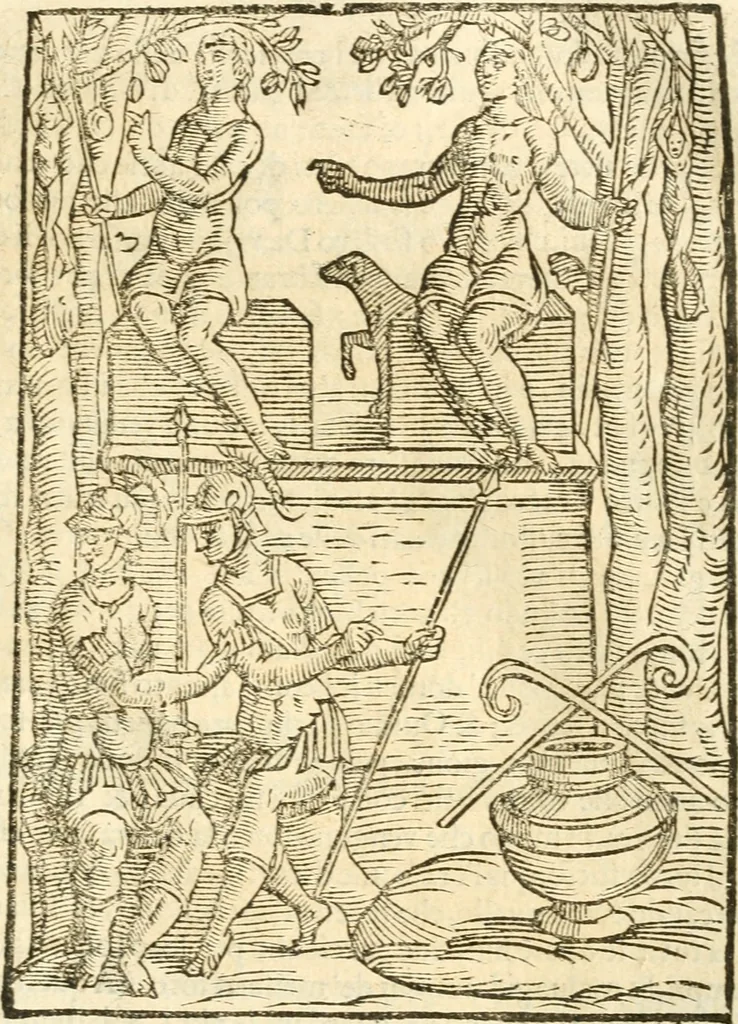 An illustration from Seconda nouissima editione delle Imagini de gli dei delli antichi di Vicenzo Cartari reggiano : ridotte da capo a piedi alle loro reali, & non più per l'adietro osseruate simiglianze : cauate da' marmi, bronzi, medaglie, gioie, & altre memorie antiche : con esquisito studio, & particolare diligenza, 1626, leaf 404