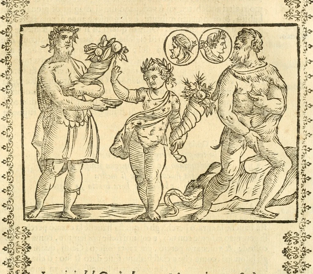 An illustration from Seconda nouissima editione delle Imagini de gli dei delli antichi di Vicenzo Cartari reggiano : ridotte da capo a piedi alle loro reali, & non più per l'adietro osseruate simiglianze : cauate da' marmi, bronzi, medaglie, gioie, & altre memorie antiche : con esquisito studio, & particolare diligenza, 1626, leaf 406