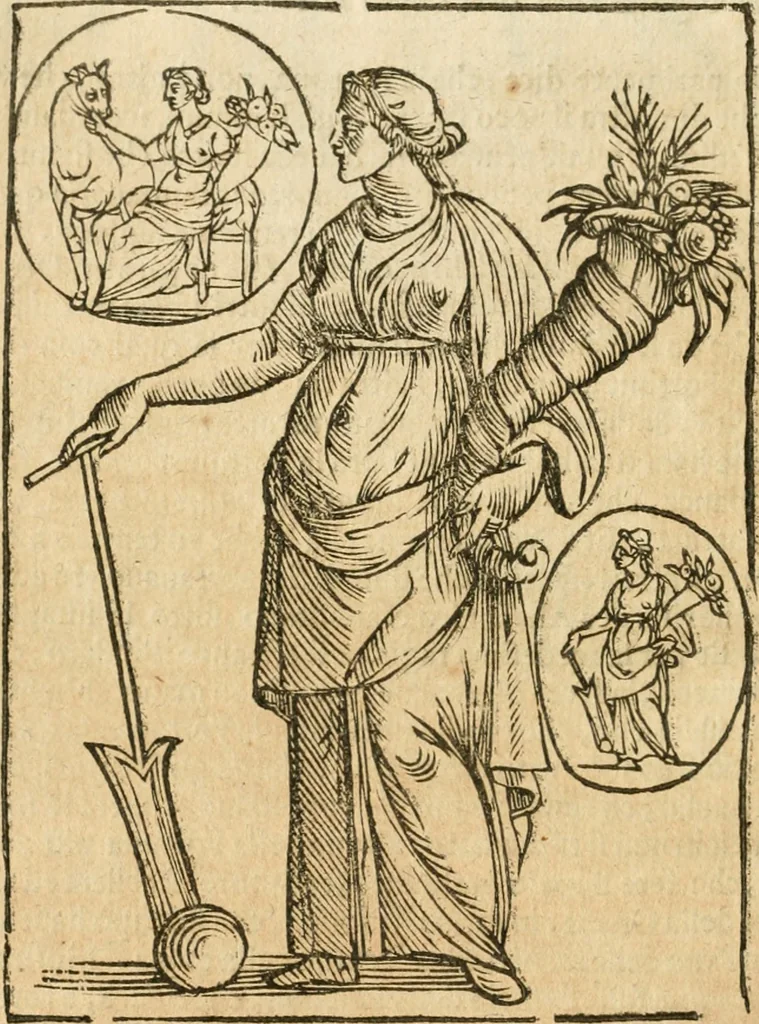 An illustration from Seconda nouissima editione delle Imagini de gli dei delli antichi di Vicenzo Cartari reggiano : ridotte da capo a piedi alle loro reali, & non più per l'adietro osseruate simiglianze : cauate da' marmi, bronzi, medaglie, gioie, & altre memorie antiche : con esquisito studio, & particolare diligenza, 1626, leaf 413