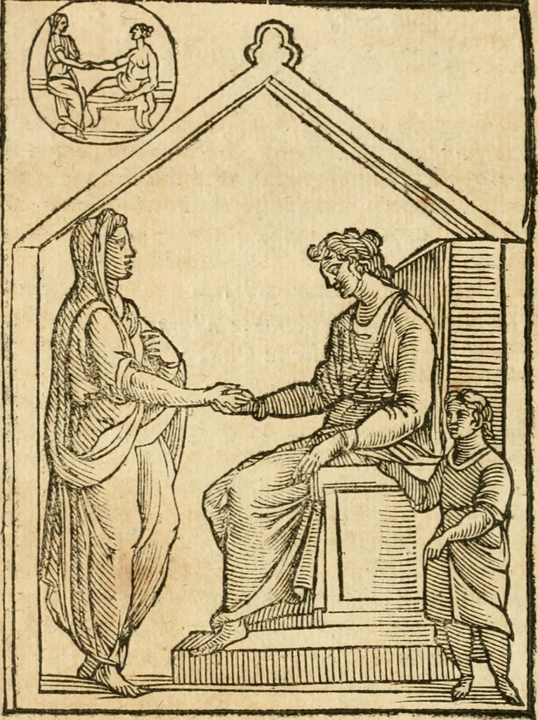 An illustration from Seconda nouissima editione delle Imagini de gli dei delli antichi di Vicenzo Cartari reggiano : ridotte da capo a piedi alle loro reali, & non più per l'adietro osseruate simiglianze : cauate da' marmi, bronzi, medaglie, gioie, & altre memorie antiche : con esquisito studio, & particolare diligenza, 1626, leaf 415