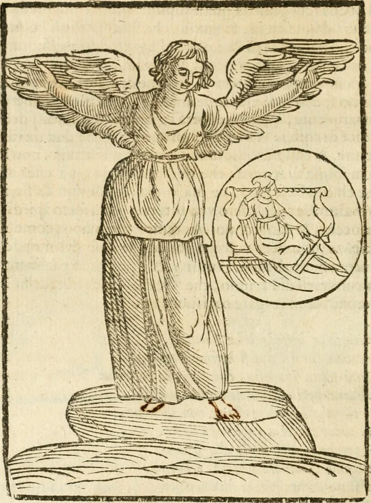 An illustration from Seconda nouissima editione delle Imagini de gli dei delli antichi di Vicenzo Cartari reggiano : ridotte da capo a piedi alle loro reali, & non più per l'adietro osseruate simiglianze : cauate da' marmi, bronzi, medaglie, gioie, & altre memorie antiche : con esquisito studio, & particolare diligenza, 1626, leaf 431