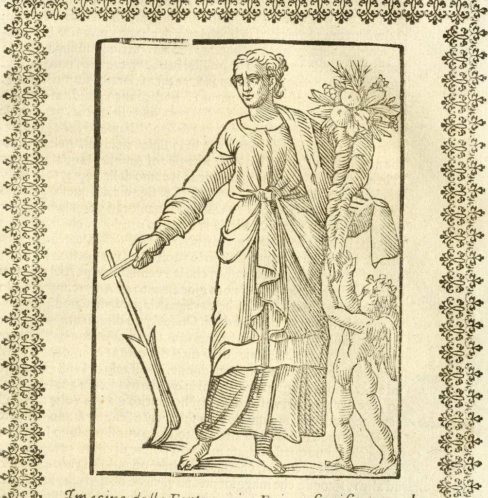 An illustration from Seconda nouissima editione delle Imagini de gli dei delli antichi di Vicenzo Cartari reggiano : ridotte da capo a piedi alle loro reali, & non più per l'adietro osseruate simiglianze : cauate da' marmi, bronzi, medaglie, gioie, & altre memorie antiche : con esquisito studio, & particolare diligenza, 1626, leaf 434