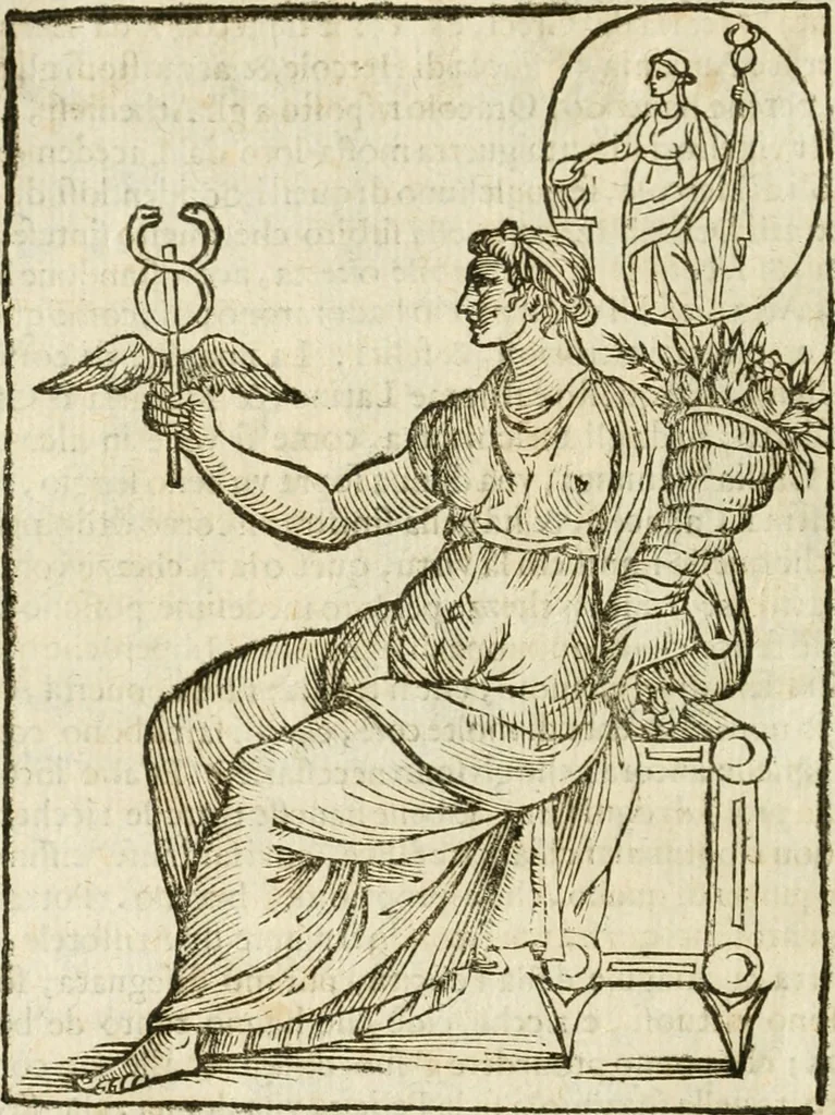 An illustration from Seconda nouissima editione delle Imagini de gli dei delli antichi di Vicenzo Cartari reggiano : ridotte da capo a piedi alle loro reali, & non più per l'adietro osseruate simiglianze : cauate da' marmi, bronzi, medaglie, gioie, & altre memorie antiche : con esquisito studio, & particolare diligenza, 1626, leaf 441