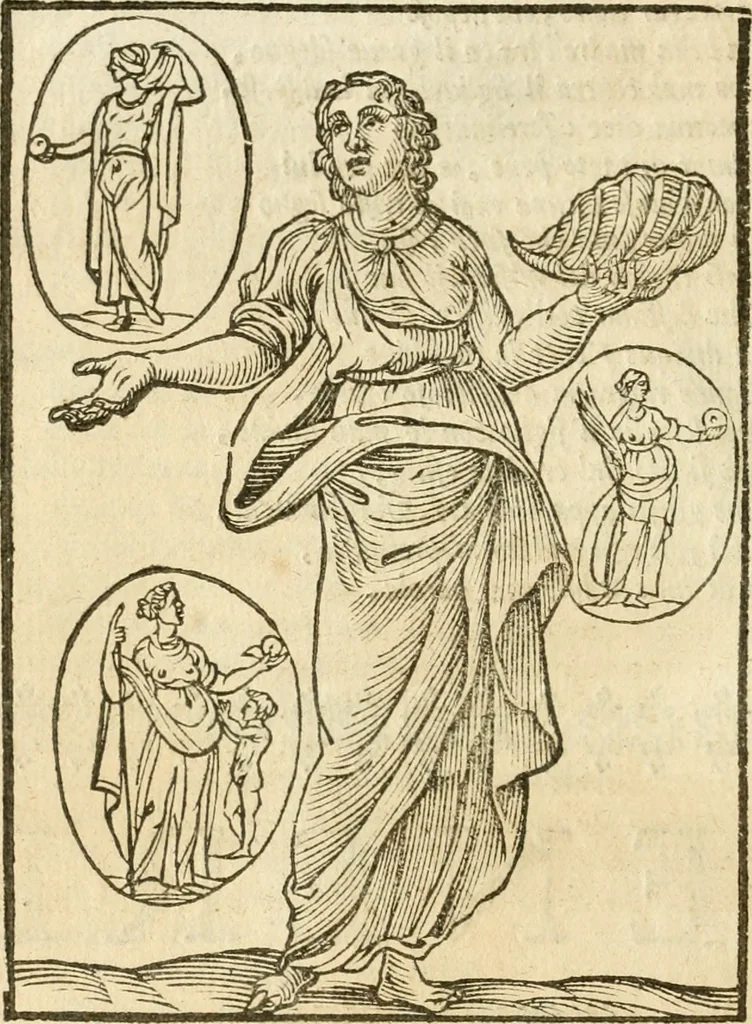 An illustration from Seconda nouissima editione delle Imagini de gli dei delli antichi di Vicenzo Cartari reggiano : ridotte da capo a piedi alle loro reali, & non più per l'adietro osseruate simiglianze : cauate da' marmi, bronzi, medaglie, gioie, & altre memorie antiche : con esquisito studio, & particolare diligenza, 1626, leaf 469