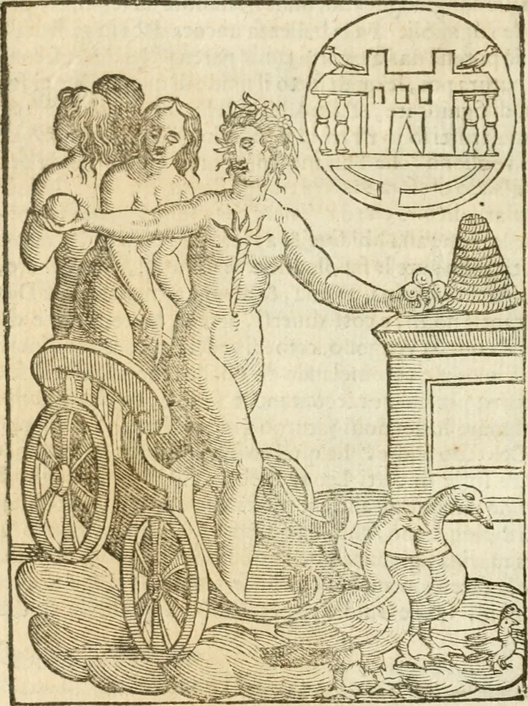 An illustration from Seconda nouissima editione delle Imagini de gli dei delli antichi di Vicenzo Cartari reggiano : ridotte da capo a piedi alle loro reali, & non più per l'adietro osseruate simiglianze : cauate da' marmi, bronzi, medaglie, gioie, & altre memorie antiche : con esquisito studio, & particolare diligenza, 1626, leaf 471