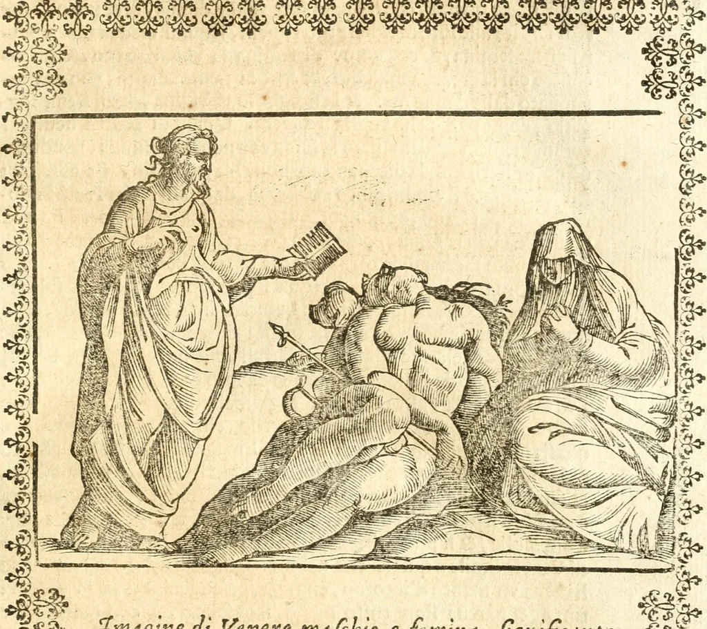 An illustration from Seconda nouissima editione delle Imagini de gli dei delli antichi di Vicenzo Cartari reggiano : ridotte da capo a piedi alle loro reali, & non più per l'adietro osseruate simiglianze : cauate da' marmi, bronzi, medaglie, gioie, & altre memorie antiche : con esquisito studio, & particolare diligenza, 1626, leaf 486