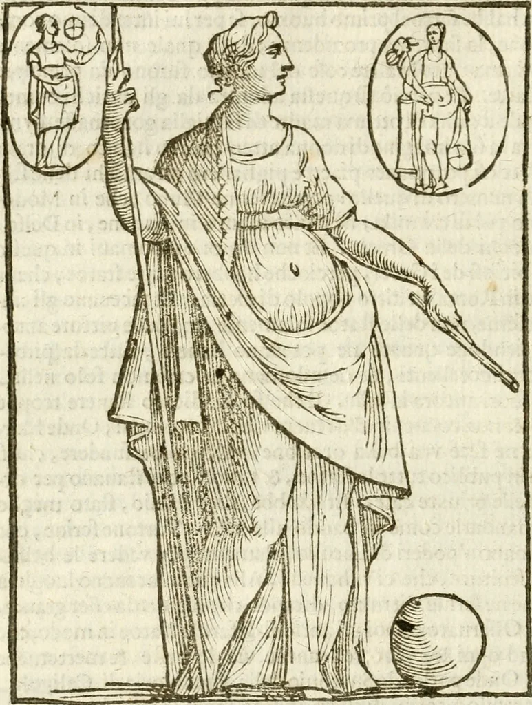 An illustration from Seconda nouissima editione delle Imagini de gli dei delli antichi di Vicenzo Cartari reggiano : ridotte da capo a piedi alle loro reali, & non più per l'adietro osseruate simiglianze : cauate da' marmi, bronzi, medaglie, gioie, & altre memorie antiche : con esquisito studio, & particolare diligenza, 1626, leaf 49