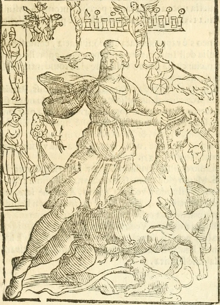 An illustration from Seconda nouissima editione delle Imagini de gli dei delli antichi di Vicenzo Cartari reggiano : ridotte da capo a piedi alle loro reali, & non più per l'adietro osseruate simiglianze : cauate da' marmi, bronzi, medaglie, gioie, & altre memorie antiche : con esquisito studio, & particolare diligenza, 1626, leaf 504