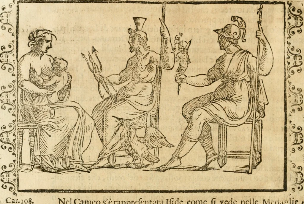 An illustration from Seconda nouissima editione delle Imagini de gli dei delli antichi di Vicenzo Cartari reggiano : ridotte da capo a piedi alle loro reali, & non più per l'adietro osseruate simiglianze : cauate da' marmi, bronzi, medaglie, gioie, & altre memorie antiche : con esquisito studio, & particolare diligenza, 1626, leaf 511