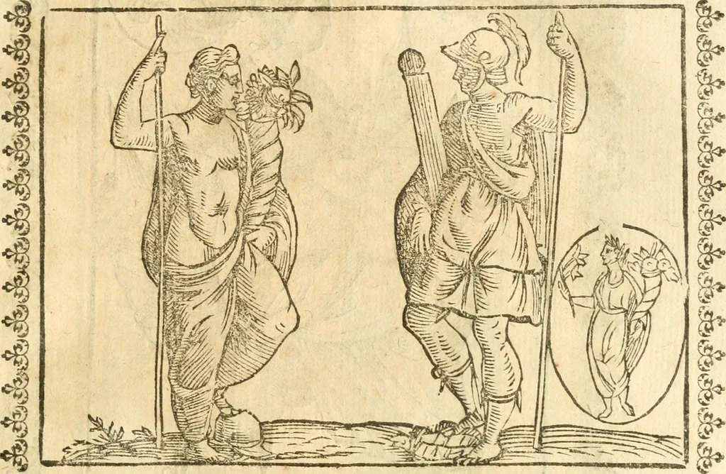 An illustration from Seconda nouissima editione delle Imagini de gli dei delli antichi di Vicenzo Cartari reggiano : ridotte da capo a piedi alle loro reali, & non più per l'adietro osseruate simiglianze : cauate da' marmi, bronzi, medaglie, gioie, & altre memorie antiche : con esquisito studio, & particolare diligenza, 1626, leaf 514
