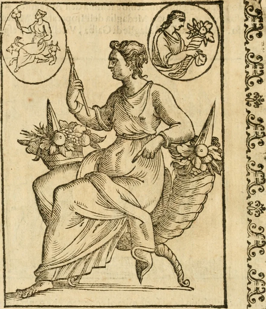 An illustration from Seconda nouissima editione delle Imagini de gli dei delli antichi di Vicenzo Cartari reggiano : ridotte da capo a piedi alle loro reali, & non più per l'adietro osseruate simiglianze : cauate da' marmi, bronzi, medaglie, gioie, & altre memorie antiche : con esquisito studio, & particolare diligenza, 1626, leaf 515