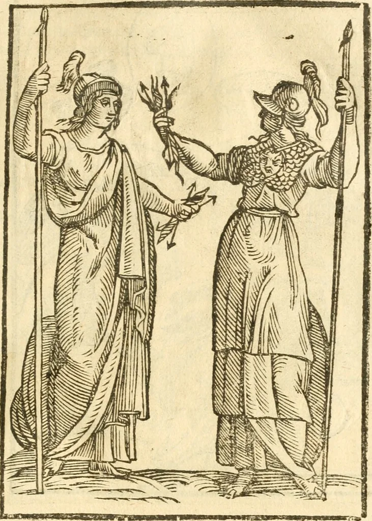 An illustration from Seconda nouissima editione delle Imagini de gli dei delli antichi di Vicenzo Cartari reggiano : ridotte da capo a piedi alle loro reali, & non più per l'adietro osseruate simiglianze : cauate da' marmi, bronzi, medaglie, gioie, & altre memorie antiche : con esquisito studio, & particolare diligenza, 1626, leaf 516