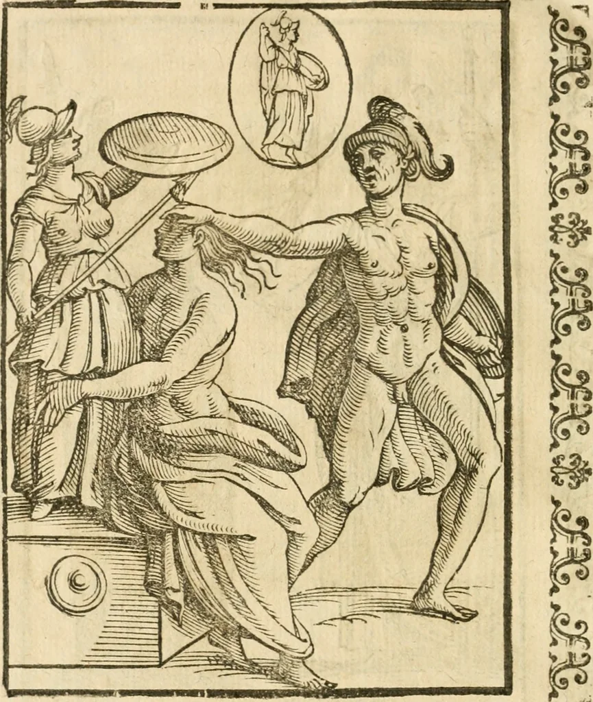 An illustration from Seconda nouissima editione delle Imagini de gli dei delli antichi di Vicenzo Cartari reggiano : ridotte da capo a piedi alle loro reali, & non più per l'adietro osseruate simiglianze : cauate da' marmi, bronzi, medaglie, gioie, & altre memorie antiche : con esquisito studio, & particolare diligenza, 1626, leaf 517