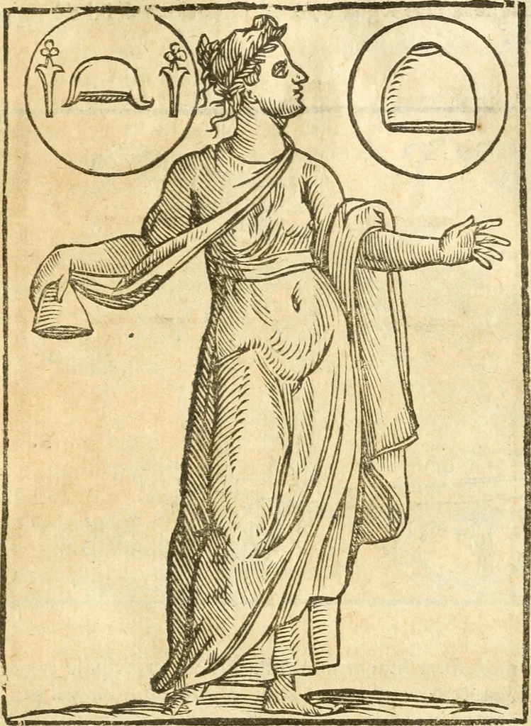 An illustration from Seconda nouissima editione delle Imagini de gli dei delli antichi di Vicenzo Cartari reggiano : ridotte da capo a piedi alle loro reali, & non più per l'adietro osseruate simiglianze : cauate da' marmi, bronzi, medaglie, gioie, & altre memorie antiche : con esquisito studio, & particolare diligenza, 1626, leaf 520