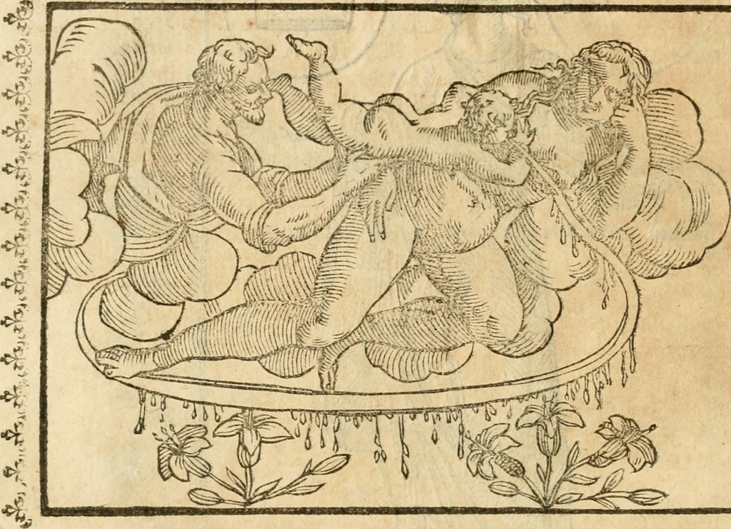 An illustration from Seconda nouissima editione delle Imagini de gli dei delli antichi di Vicenzo Cartari reggiano : ridotte da capo a piedi alle loro reali, & non più per l'adietro osseruate simiglianze : cauate da' marmi, bronzi, medaglie, gioie, & altre memorie antiche : con esquisito studio, & particolare diligenza, 1626, leaf 521