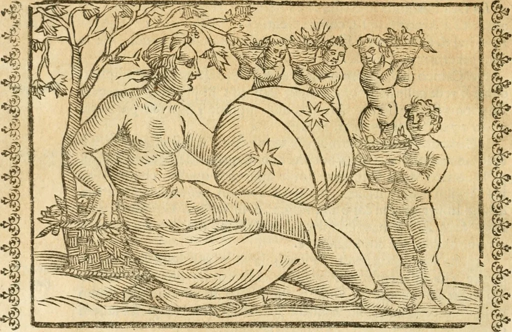 An illustration from Seconda nouissima editione delle Imagini de gli dei delli antichi di Vicenzo Cartari reggiano : ridotte da capo a piedi alle loro reali, & non più per l'adietro osseruate simiglianze : cauate da' marmi, bronzi, medaglie, gioie, & altre memorie antiche : con esquisito studio, & particolare diligenza, 1626, leaf 523