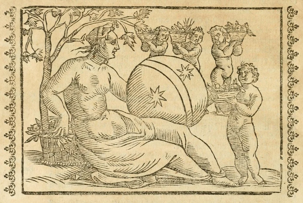 An illustration from Seconda nouissima editione delle Imagini de gli dei delli antichi di Vicenzo Cartari reggiano : ridotte da capo a piedi alle loro reali, & non più per l'adietro osseruate simiglianze : cauate da' marmi, bronzi, medaglie, gioie, & altre memorie antiche : con esquisito studio, & particolare diligenza, 1626, leaf 524