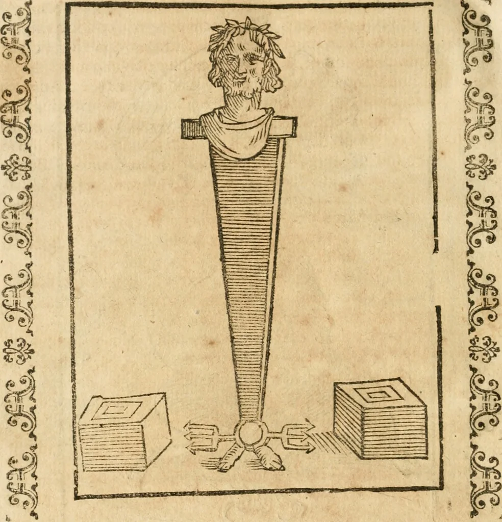 An illustration from Seconda nouissima editione delle Imagini de gli dei delli antichi di Vicenzo Cartari reggiano : ridotte da capo a piedi alle loro reali, & non più per l'adietro osseruate simiglianze : cauate da' marmi, bronzi, medaglie, gioie, & altre memorie antiche : con esquisito studio, & particolare diligenza, 1626, leaf 537