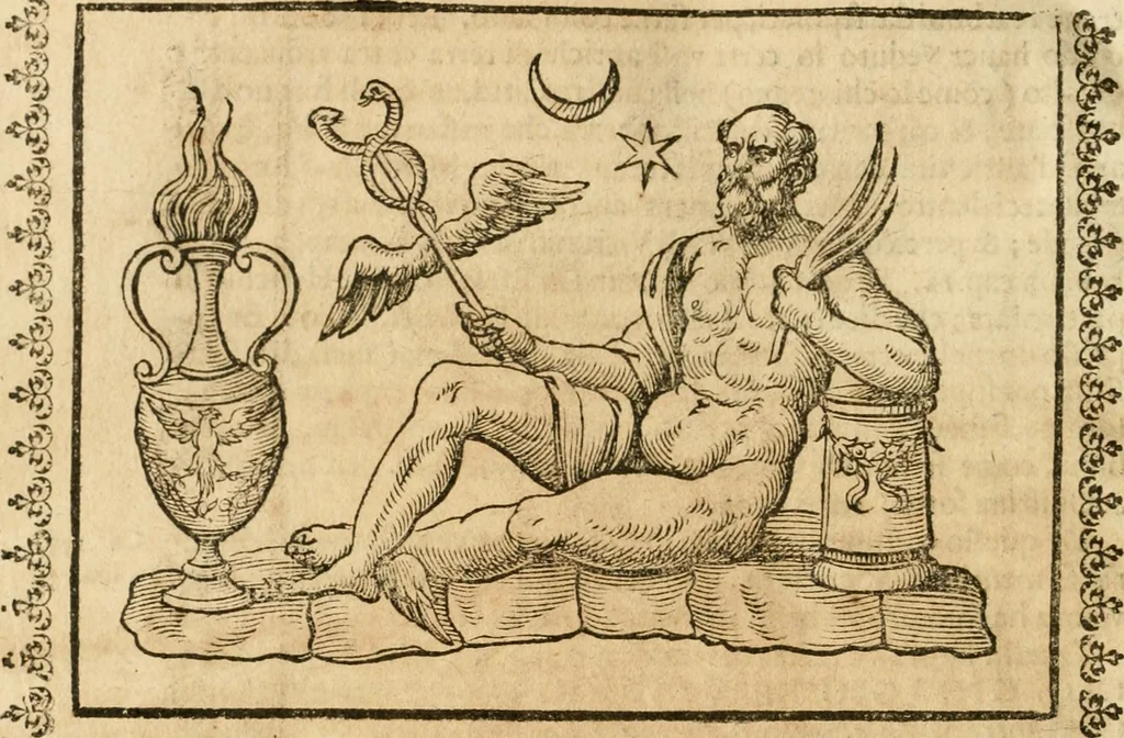 An illustration from Seconda nouissima editione delle Imagini de gli dei delli antichi di Vicenzo Cartari reggiano : ridotte da capo a piedi alle loro reali, & non più per l'adietro osseruate simiglianze : cauate da' marmi, bronzi, medaglie, gioie, & altre memorie antiche : con esquisito studio, & particolare diligenza, 1626, leaf 539