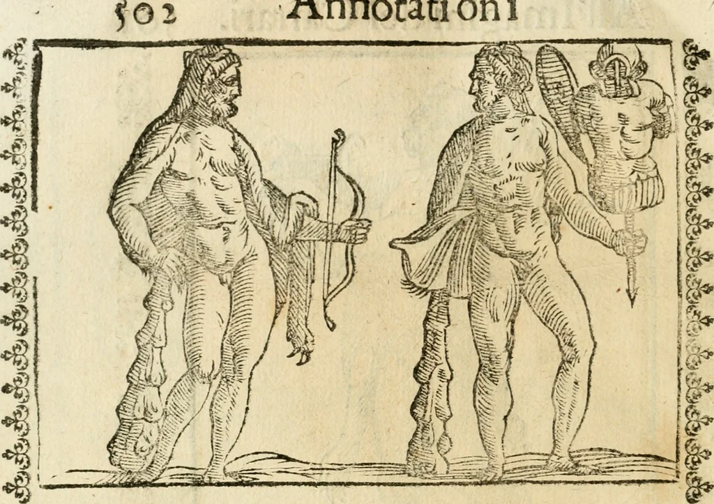 An illustration from Seconda nouissima editione delle Imagini de gli dei delli antichi di Vicenzo Cartari reggiano : ridotte da capo a piedi alle loro reali, & non più per l'adietro osseruate simiglianze : cauate da' marmi, bronzi, medaglie, gioie, & altre memorie antiche : con esquisito studio, & particolare diligenza, 1626, leaf 541