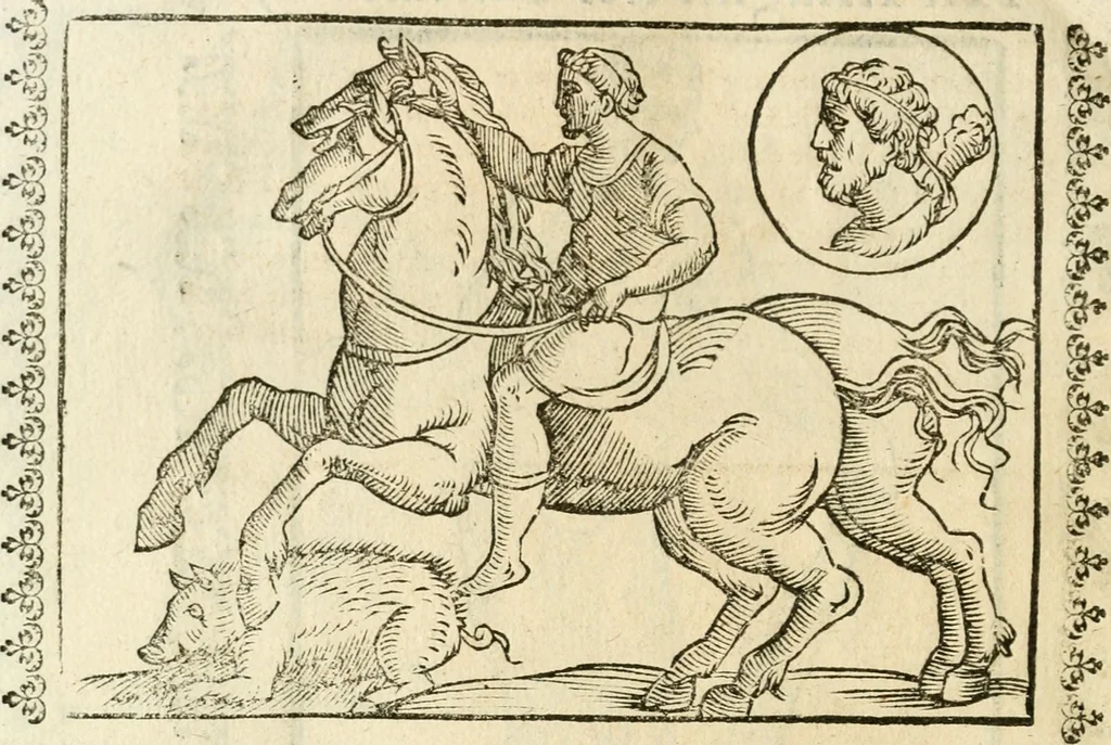 An illustration from Seconda nouissima editione delle Imagini de gli dei delli antichi di Vicenzo Cartari reggiano : ridotte da capo a piedi alle loro reali, & non più per l'adietro osseruate simiglianze : cauate da' marmi, bronzi, medaglie, gioie, & altre memorie antiche : con esquisito studio, & particolare diligenza, 1626, leaf 543