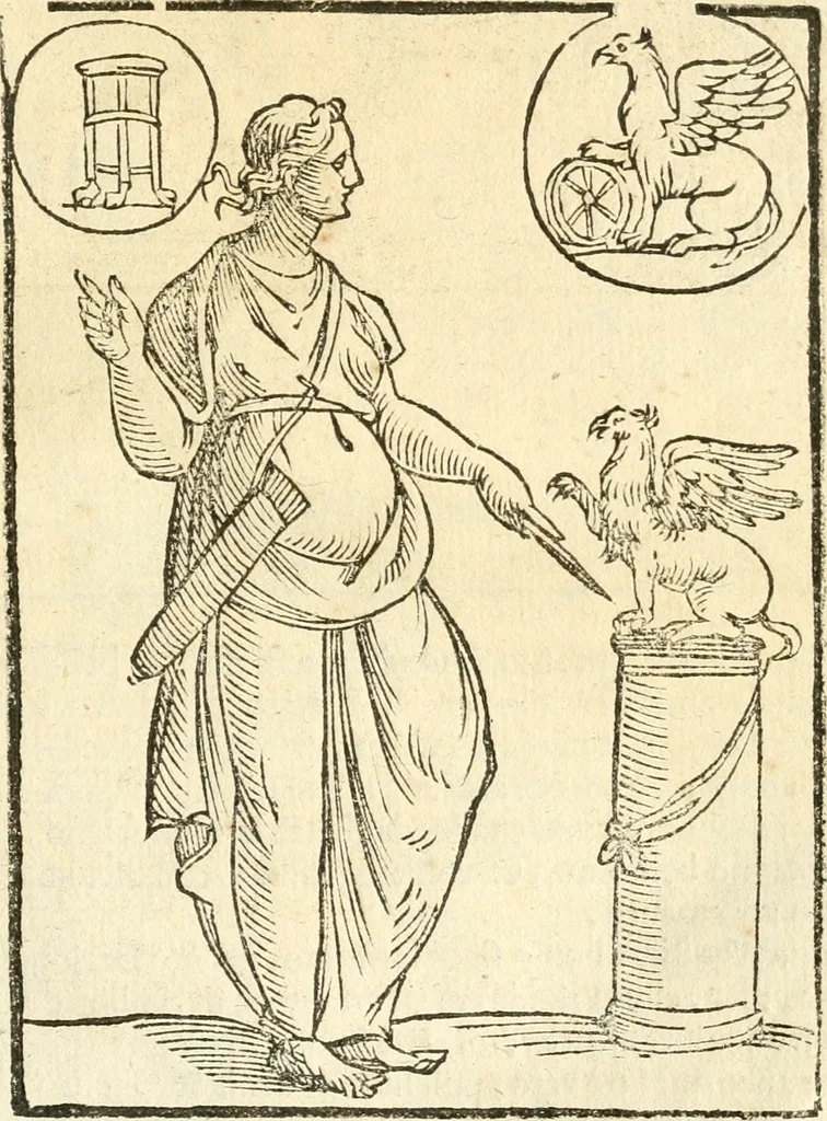 An illustration from Seconda nouissima editione delle Imagini de gli dei delli antichi di Vicenzo Cartari reggiano : ridotte da capo a piedi alle loro reali, & non più per l'adietro osseruate simiglianze : cauate da' marmi, bronzi, medaglie, gioie, & altre memorie antiche : con esquisito studio, & particolare diligenza, 1626, leaf 544