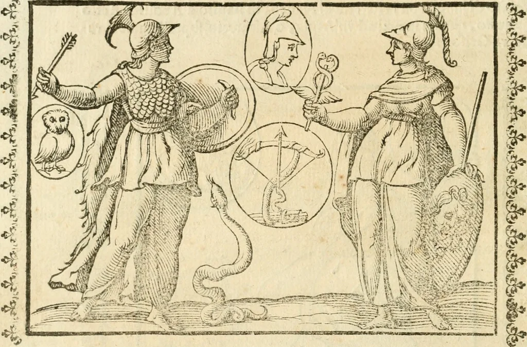 An illustration from Seconda nouissima editione delle Imagini de gli dei delli antichi di Vicenzo Cartari reggiano : ridotte da capo a piedi alle loro reali, & non più per l'adietro osseruate simiglianze : cauate da' marmi, bronzi, medaglie, gioie, & altre memorie antiche : con esquisito studio, & particolare diligenza, 1626, leaf 545