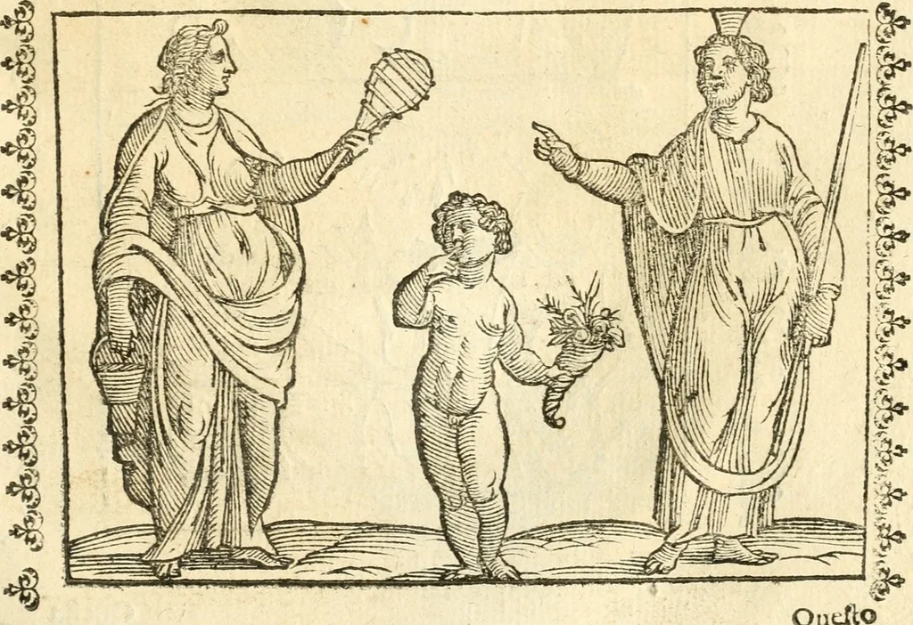 An illustration from Seconda nouissima editione delle Imagini de gli dei delli antichi di Vicenzo Cartari reggiano : ridotte da capo a piedi alle loro reali, & non più per l'adietro osseruate simiglianze : cauate da' marmi, bronzi, medaglie, gioie, & altre memorie antiche : con esquisito studio, & particolare diligenza, 1626, leaf 546