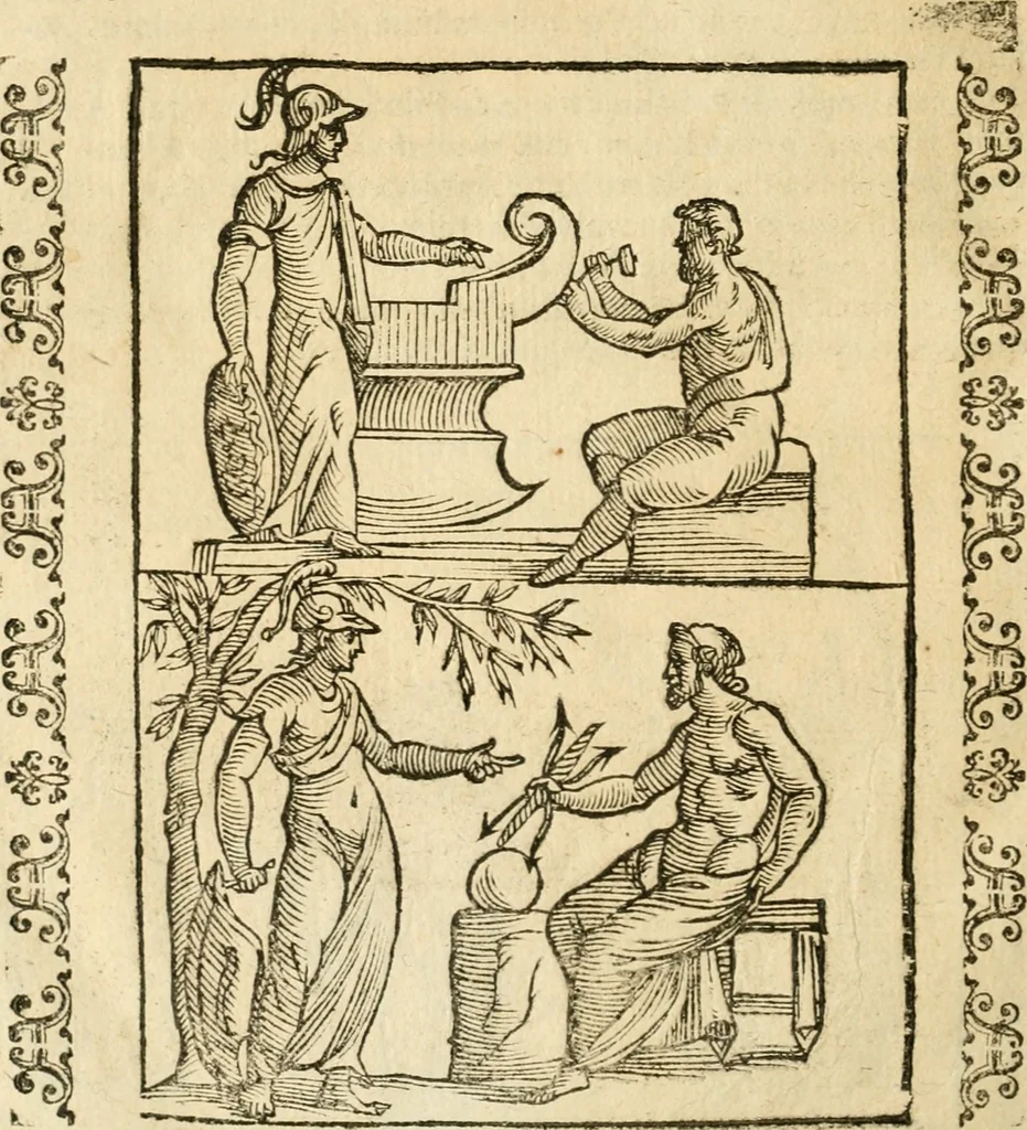 An illustration from Seconda nouissima editione delle Imagini de gli dei delli antichi di Vicenzo Cartari reggiano : ridotte da capo a piedi alle loro reali, & non più per l'adietro osseruate simiglianze : cauate da' marmi, bronzi, medaglie, gioie, & altre memorie antiche : con esquisito studio, & particolare diligenza, 1626, leaf 547