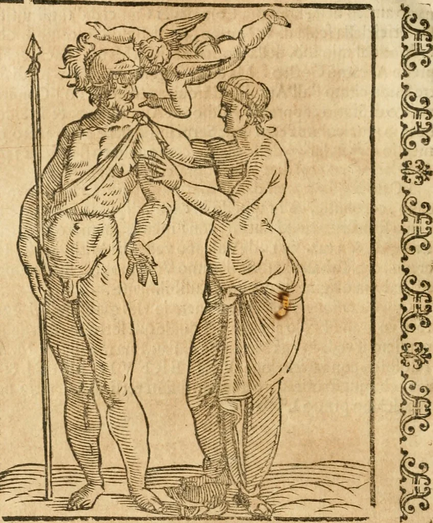An illustration from Seconda nouissima editione delle Imagini de gli dei delli antichi di Vicenzo Cartari reggiano : ridotte da capo a piedi alle loro reali, & non più per l'adietro osseruate simiglianze : cauate da' marmi, bronzi, medaglie, gioie, & altre memorie antiche : con esquisito studio, & particolare diligenza, 1626, leaf 549