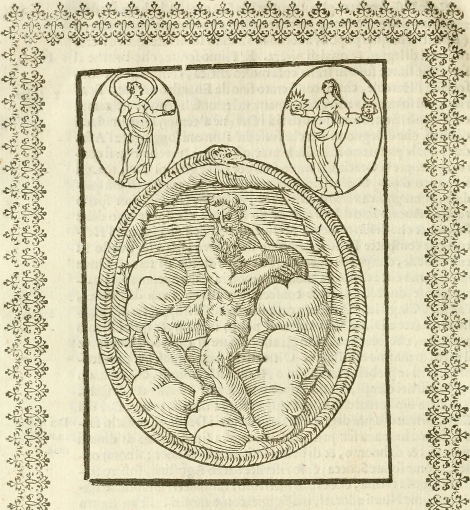 An illustration from Seconda nouissima editione delle Imagini de gli dei delli antichi di Vicenzo Cartari reggiano : ridotte da capo a piedi alle loro reali, & non più per l'adietro osseruate simiglianze : cauate da' marmi, bronzi, medaglie, gioie, & altre memorie antiche : con esquisito studio, & particolare diligenza, 1626, leaf 55