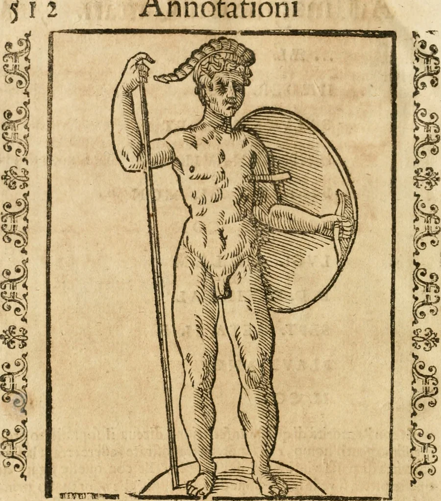 An illustration from Seconda nouissima editione delle Imagini de gli dei delli antichi di Vicenzo Cartari reggiano : ridotte da capo a piedi alle loro reali, & non più per l'adietro osseruate simiglianze : cauate da' marmi, bronzi, medaglie, gioie, & altre memorie antiche : con esquisito studio, & particolare diligenza, 1626, leaf 551
