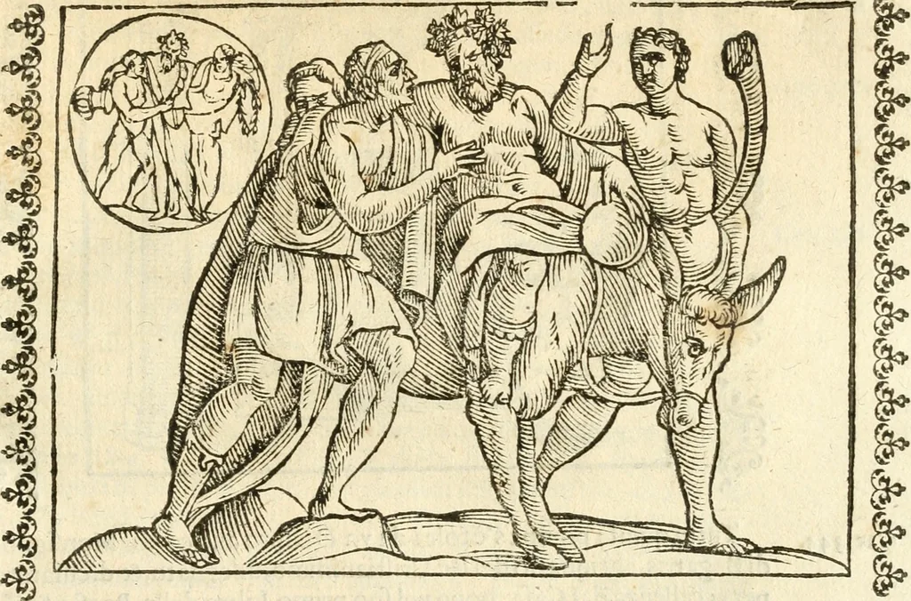 An illustration from Seconda nouissima editione delle Imagini de gli dei delli antichi di Vicenzo Cartari reggiano : ridotte da capo a piedi alle loro reali, & non più per l'adietro osseruate simiglianze : cauate da' marmi, bronzi, medaglie, gioie, & altre memorie antiche : con esquisito studio, & particolare diligenza, 1626, leaf 552