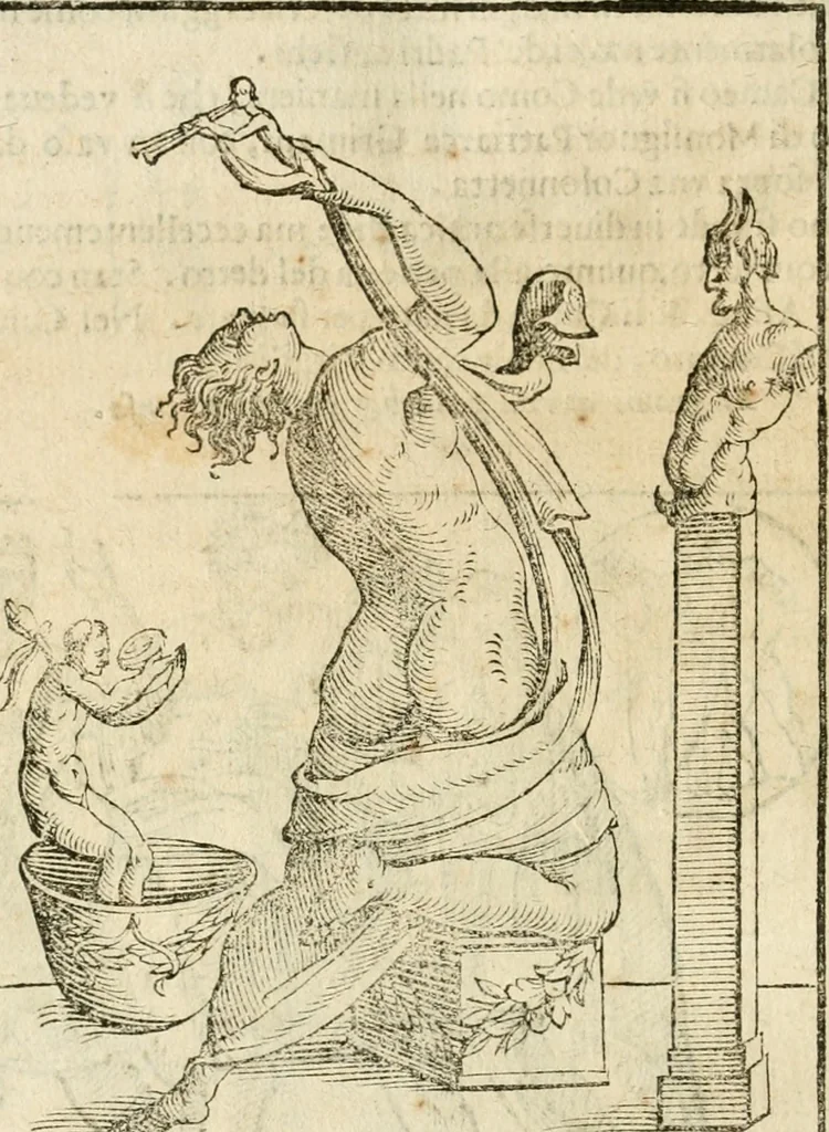 An illustration from Seconda nouissima editione delle Imagini de gli dei delli antichi di Vicenzo Cartari reggiano : ridotte da capo a piedi alle loro reali, & non più per l'adietro osseruate simiglianze : cauate da' marmi, bronzi, medaglie, gioie, & altre memorie antiche : con esquisito studio, & particolare diligenza, 1626, leaf 553
