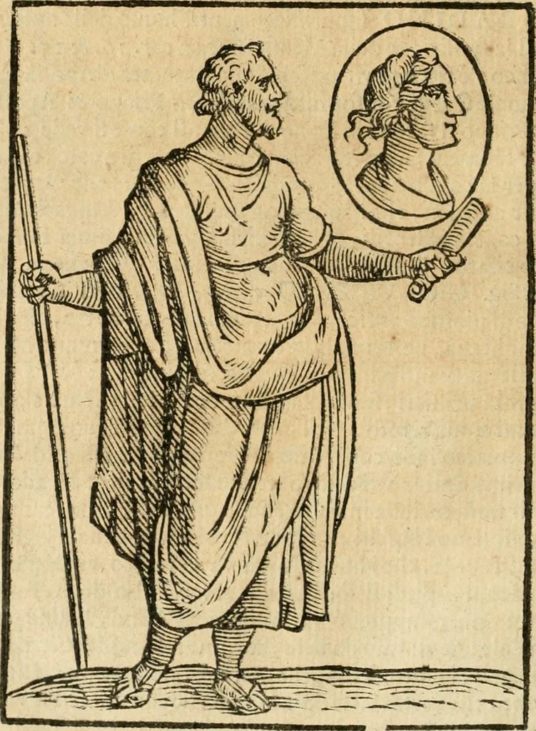 An illustration from Seconda nouissima editione delle Imagini de gli dei delli antichi di Vicenzo Cartari reggiano : ridotte da capo a piedi alle loro reali, & non più per l'adietro osseruate simiglianze : cauate da' marmi, bronzi, medaglie, gioie, & altre memorie antiche : con esquisito studio, & particolare diligenza, 1626, leaf 555