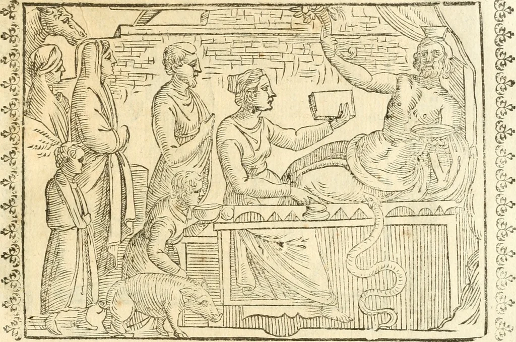 An illustration from Seconda nouissima editione delle Imagini de gli dei delli antichi di Vicenzo Cartari reggiano : ridotte da capo a piedi alle loro reali, & non più per l'adietro osseruate simiglianze : cauate da' marmi, bronzi, medaglie, gioie, & altre memorie antiche : con esquisito studio, & particolare diligenza, 1626, leaf 556