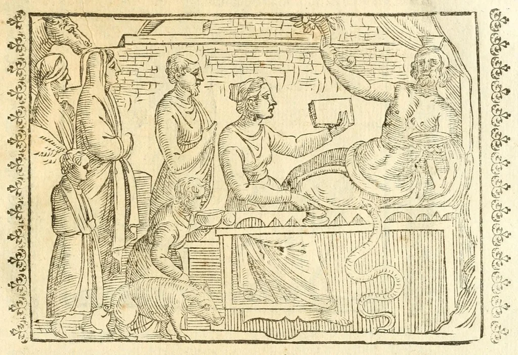 An illustration from Seconda nouissima editione delle Imagini de gli dei delli antichi di Vicenzo Cartari reggiano : ridotte da capo a piedi alle loro reali, & non più per l'adietro osseruate simiglianze : cauate da' marmi, bronzi, medaglie, gioie, & altre memorie antiche : con esquisito studio, & particolare diligenza, 1626, leaf 557