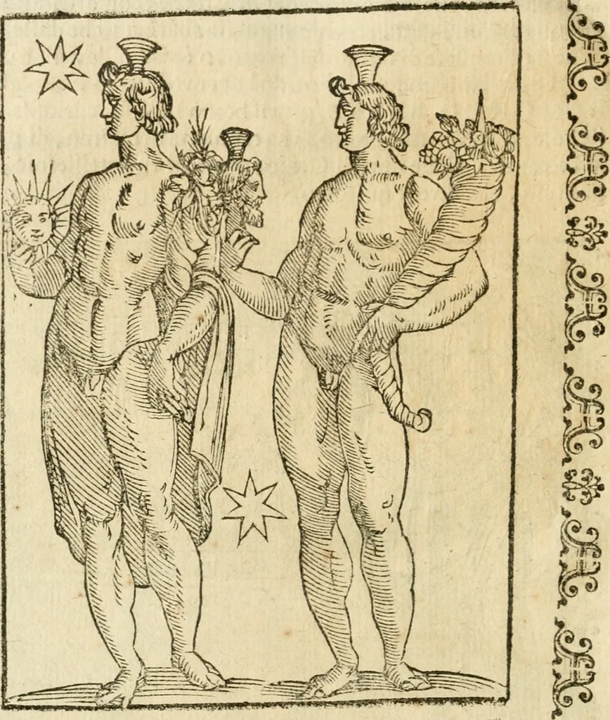 An illustration from Seconda nouissima editione delle Imagini de gli dei delli antichi di Vicenzo Cartari reggiano : ridotte da capo a piedi alle loro reali, & non più per l'adietro osseruate simiglianze : cauate da' marmi, bronzi, medaglie, gioie, & altre memorie antiche : con esquisito studio, & particolare diligenza, 1626, leaf 557