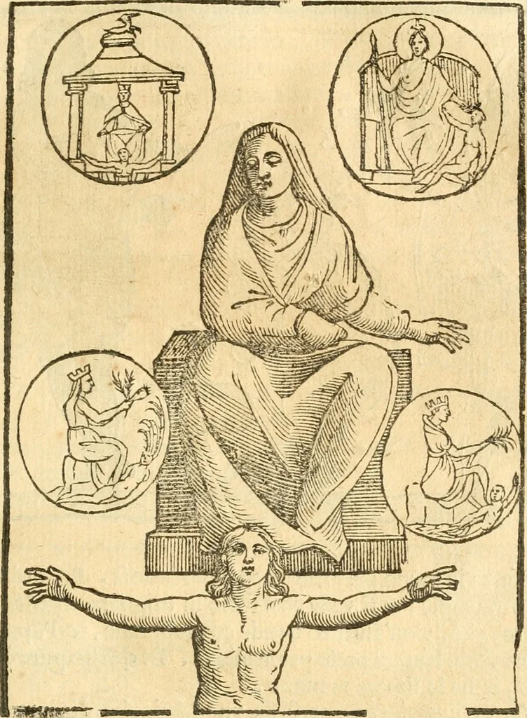 An illustration from Seconda nouissima editione delle Imagini de gli dei delli antichi di Vicenzo Cartari reggiano : ridotte da capo a piedi alle loro reali, & non più per l'adietro osseruate simiglianze : cauate da' marmi, bronzi, medaglie, gioie, & altre memorie antiche : con esquisito studio, & particolare diligenza, 1626, leaf 558