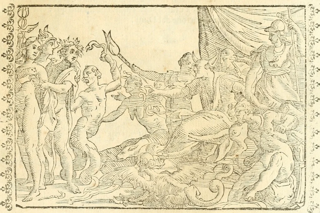 An illustration from Seconda nouissima editione delle Imagini de gli dei delli antichi di Vicenzo Cartari reggiano : ridotte da capo a piedi alle loro reali, & non più per l'adietro osseruate simiglianze : cauate da' marmi, bronzi, medaglie, gioie, & altre memorie antiche : con esquisito studio, & particolare diligenza, 1626, leaf 560