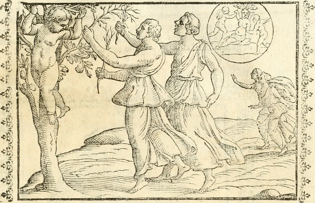 An illustration from Seconda nouissima editione delle Imagini de gli dei delli antichi di Vicenzo Cartari reggiano : ridotte da capo a piedi alle loro reali, & non più per l'adietro osseruate simiglianze : cauate da' marmi, bronzi, medaglie, gioie, & altre memorie antiche : con esquisito studio, & particolare diligenza, 1626, leaf 566